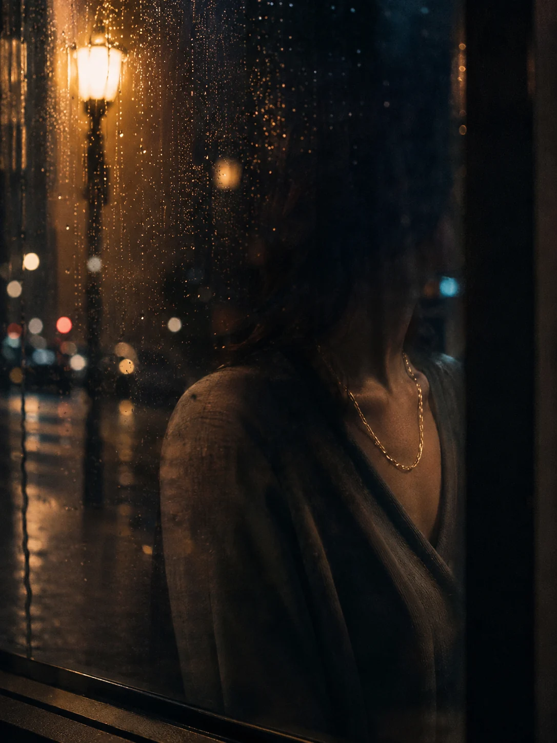 Reflection in a rain-lit shop window